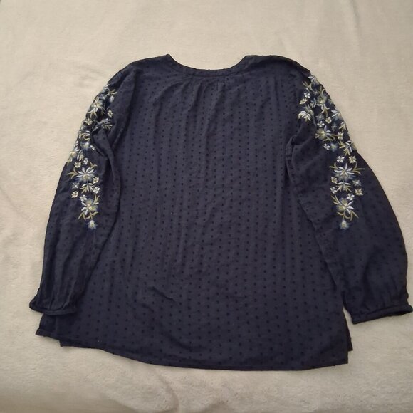 J. Jill Women's Size Medium Navy Blue Embroidered Floral Swiss Dot Boho Top - Picture 9 of 12